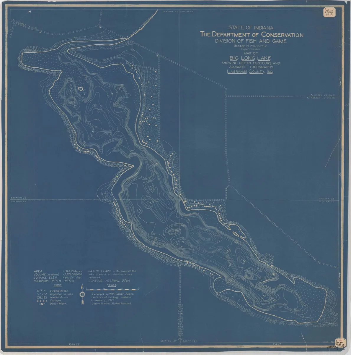 1925 State of Indiana Department of Conservation blueprint survey map of Big Long Lake, LaGrange County, showing depth contours, shoreline, and topography.