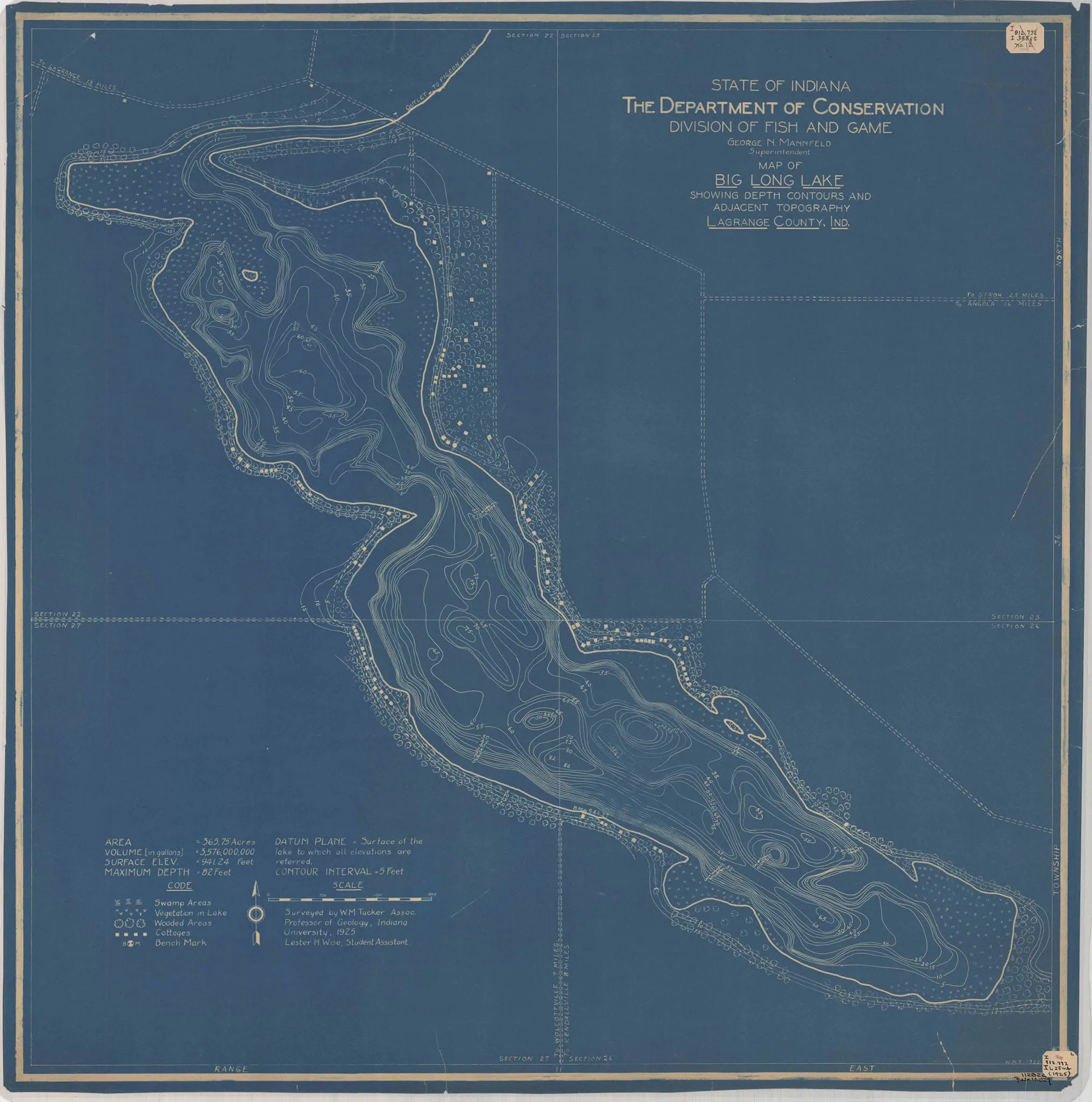 1925 State of Indiana Department of Conservation blueprint survey map of Big Long Lake, LaGrange County, showing depth contours, shoreline, and topography.