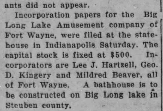 1926 newspaper article reporting the incorporation of the Big Long Lake Amusement Company by Lee J. Hartzell, George D. Kingery, and Mildred Beaver of Fort Wayne, with plans for a lakeside bathhouse.