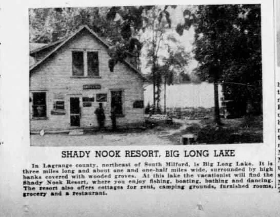 1940 newspaper photograph of the Shady Nook Resort building on Big Long Lake, with a caption describing fishing, boating, bathing, dancing, cottages, a grocery, and a restaurant.
