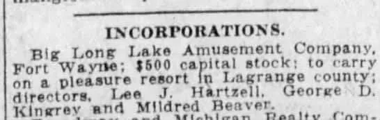 Newspaper "Incorporations" notice for the Big Long Lake Amusement Company, chartered as a pleasure resort in LaGrange County by Lee J. Hartzell and partners.