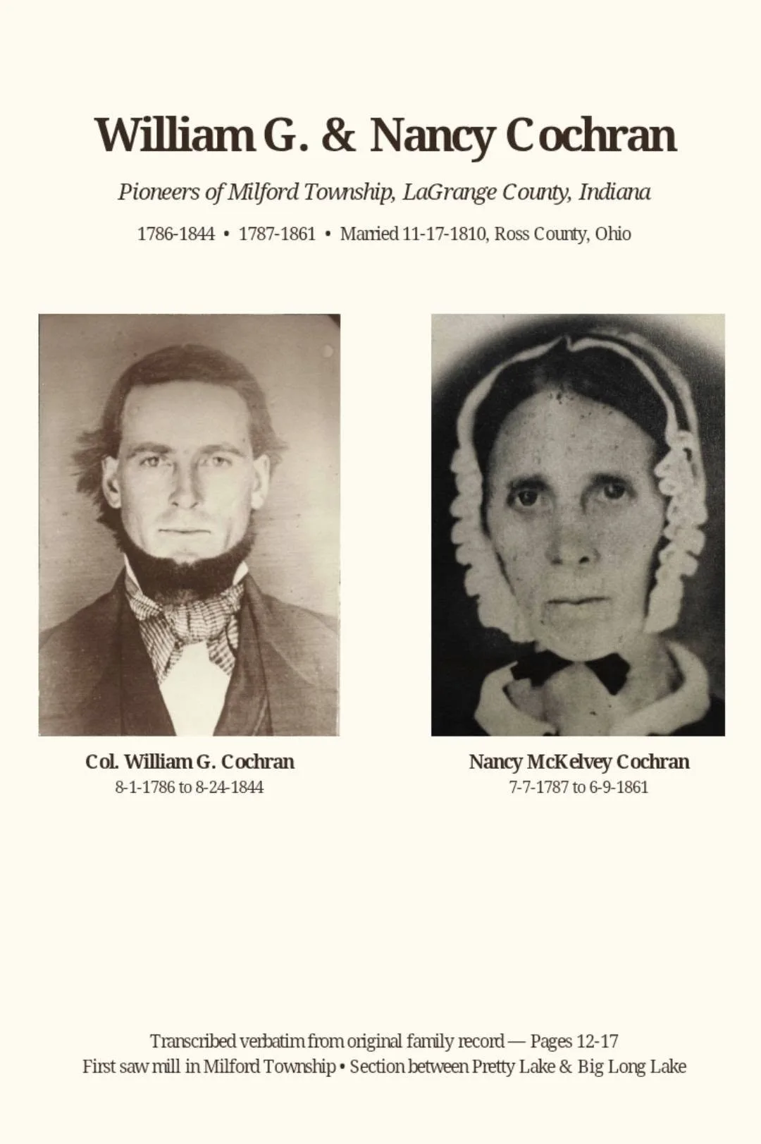 Portraits of Col. William G. Cochran (1786–1844) and Nancy McKelvey Cochran (1787–1861), pioneers of Milford Township, alongside a photograph of Charles Cochran.