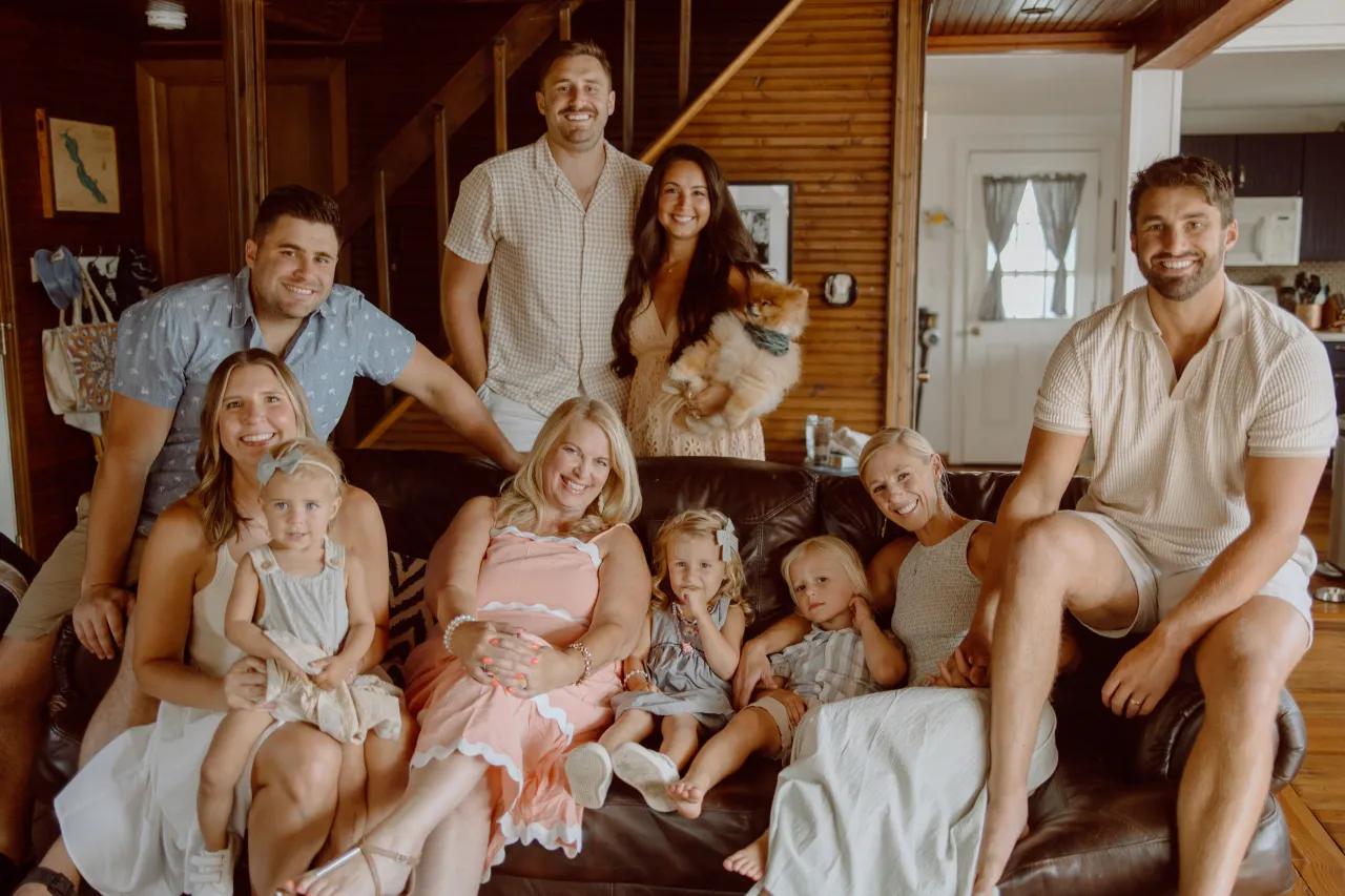 Three generations of the Gring family gathered in the living room at The Farmhouse