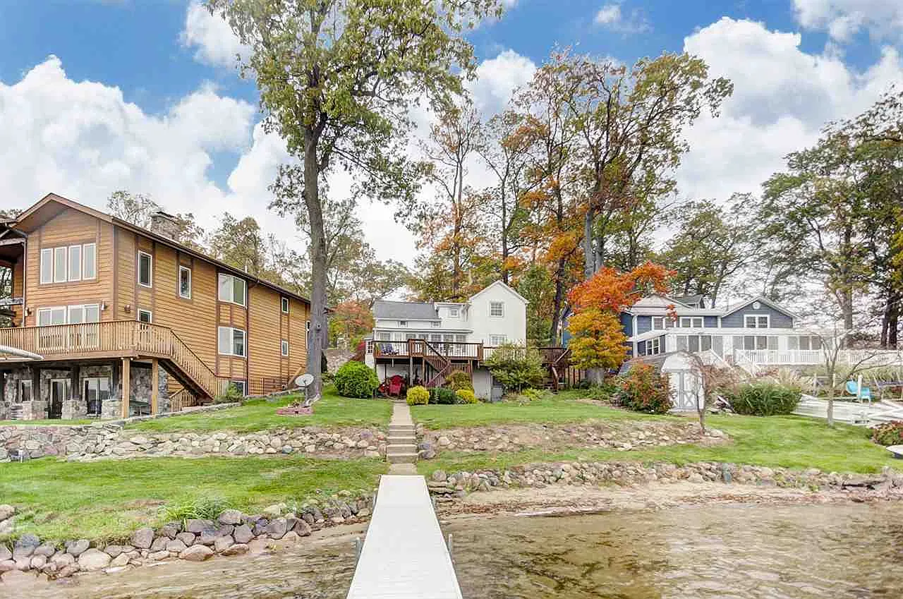 Homes along the shoreline of Big Long Lake in Wolcottville, Indiana